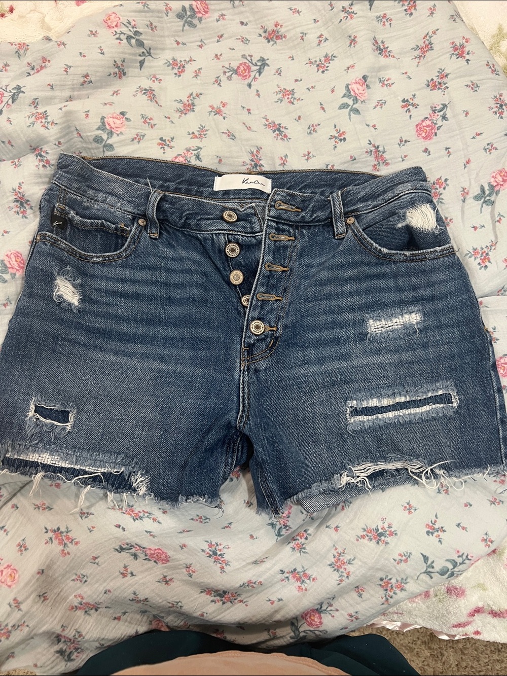 KanCan Distressed Dark Blue Button-Fly Denim Shorts
